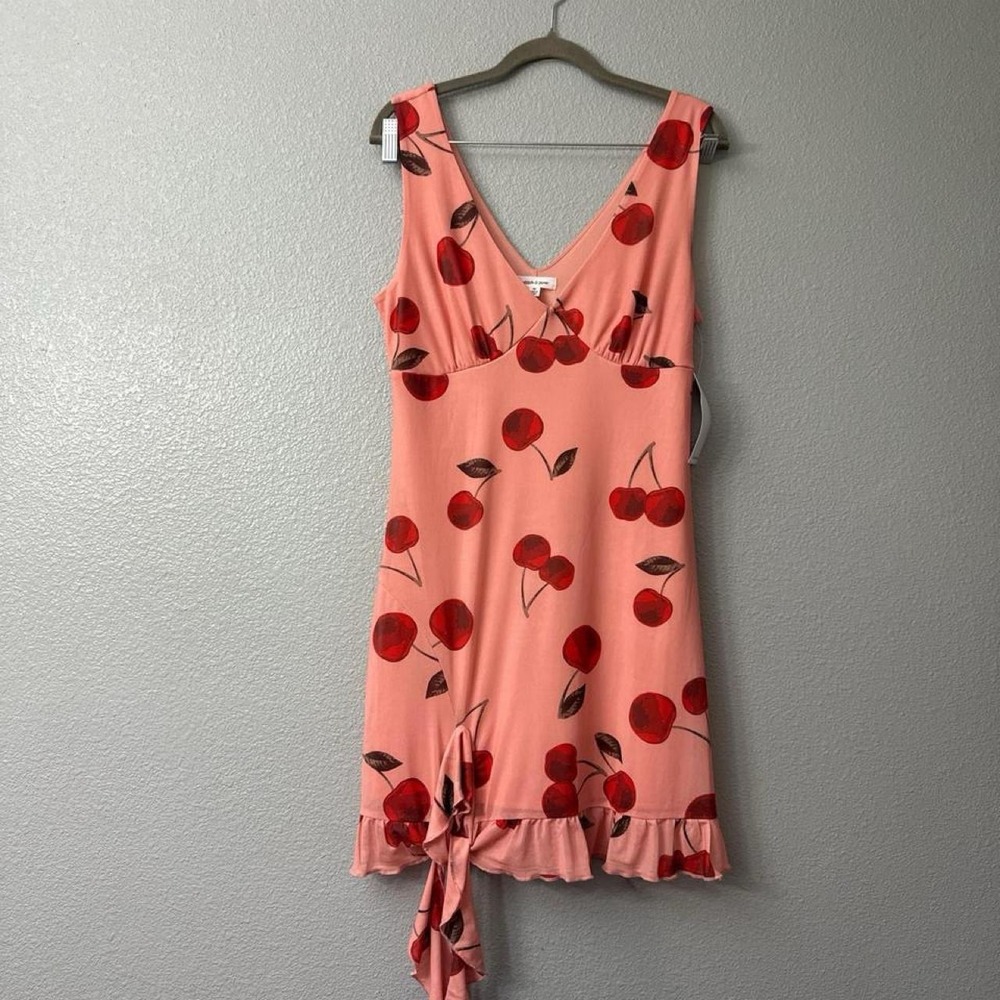 Stitch & Pine Cherry Print Pink Mini Dress with Ruffle Hem